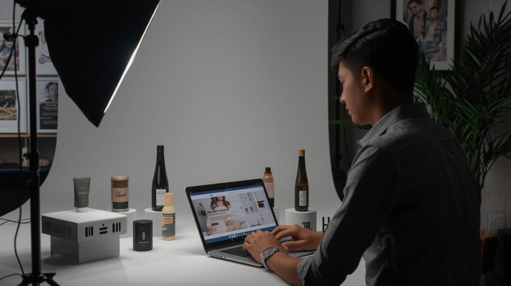 E-commerce seller creating professional product images for online store and service promotions