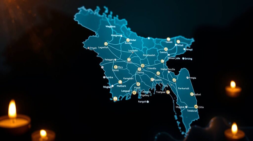 Bangladesh map with glowing city nodes and lines showing reach