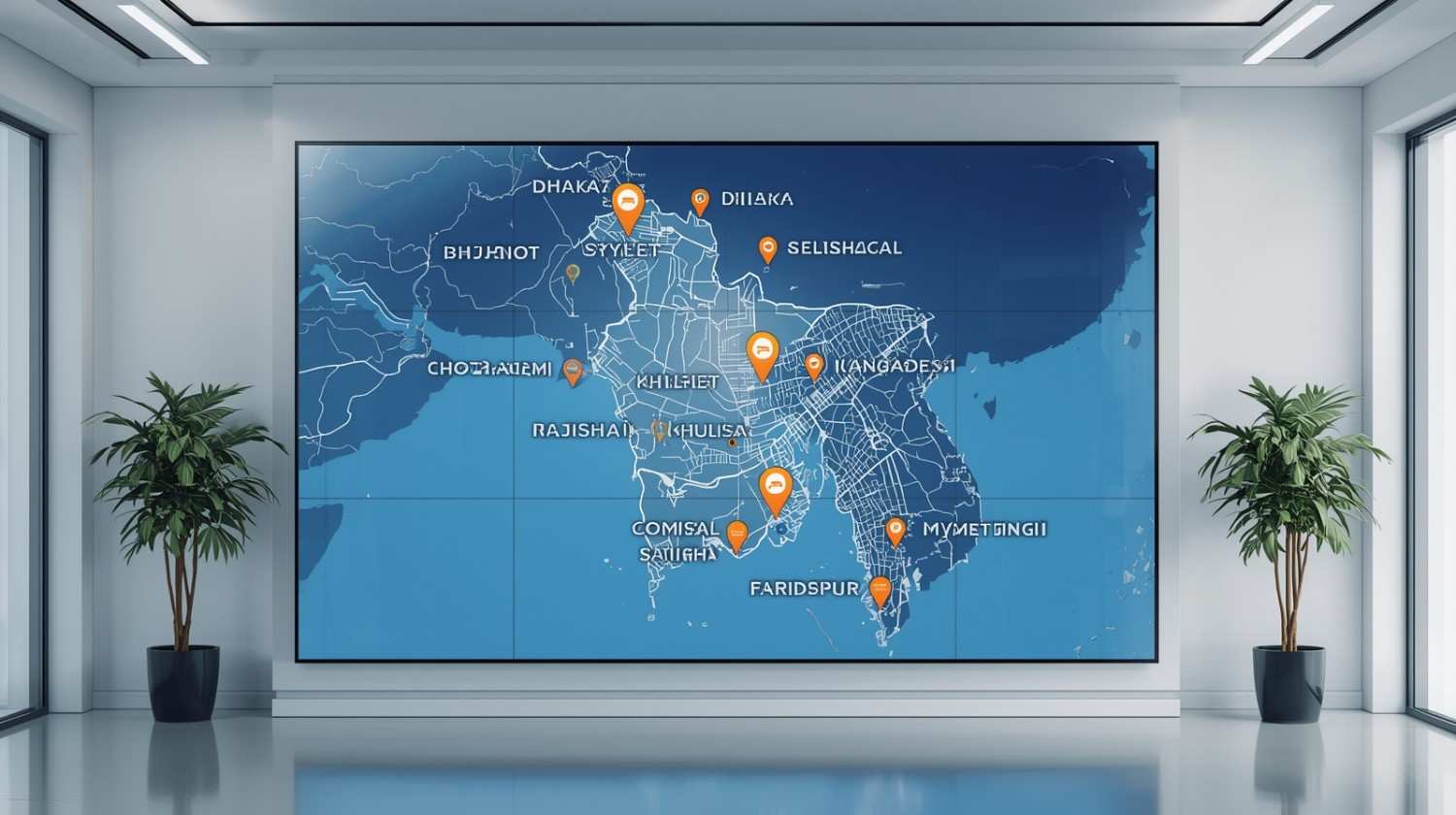 Map of Bangladesh highlighting major cities with glowing markers and connecting lines, illustrating nationwide service coverage