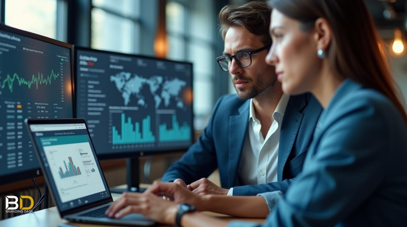 Branding Dask team analyzing digital marketing data in a modern office.