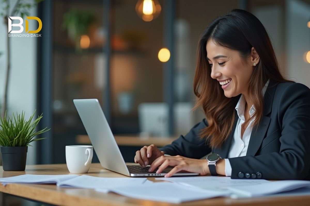 A professional typing on a laptop at a desk with documents and coffee, representing the step 'Request a Quote
