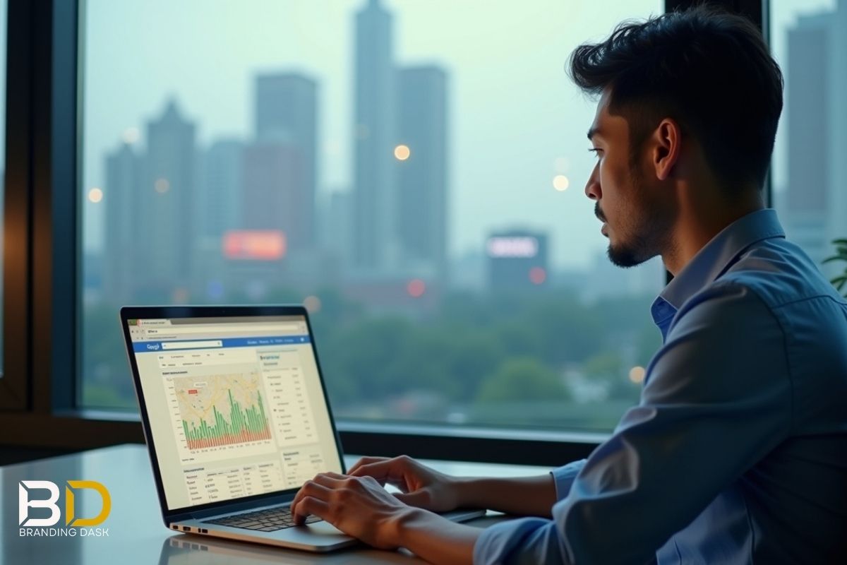 SEO expert analyzing Google search rankings with Dhaka city skyline, representing SEO Services in Dhaka.