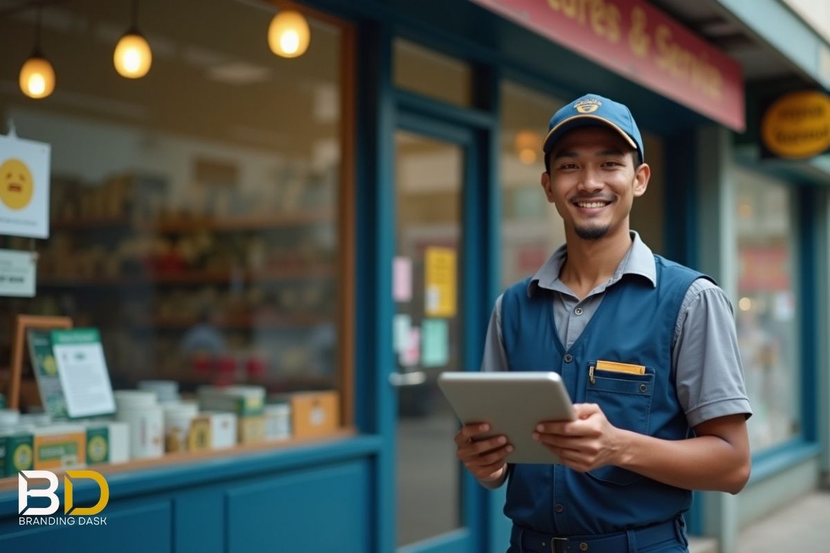 Local service business owner standing in front of a storefront in Dhaka, representing SEO services for local businesses.