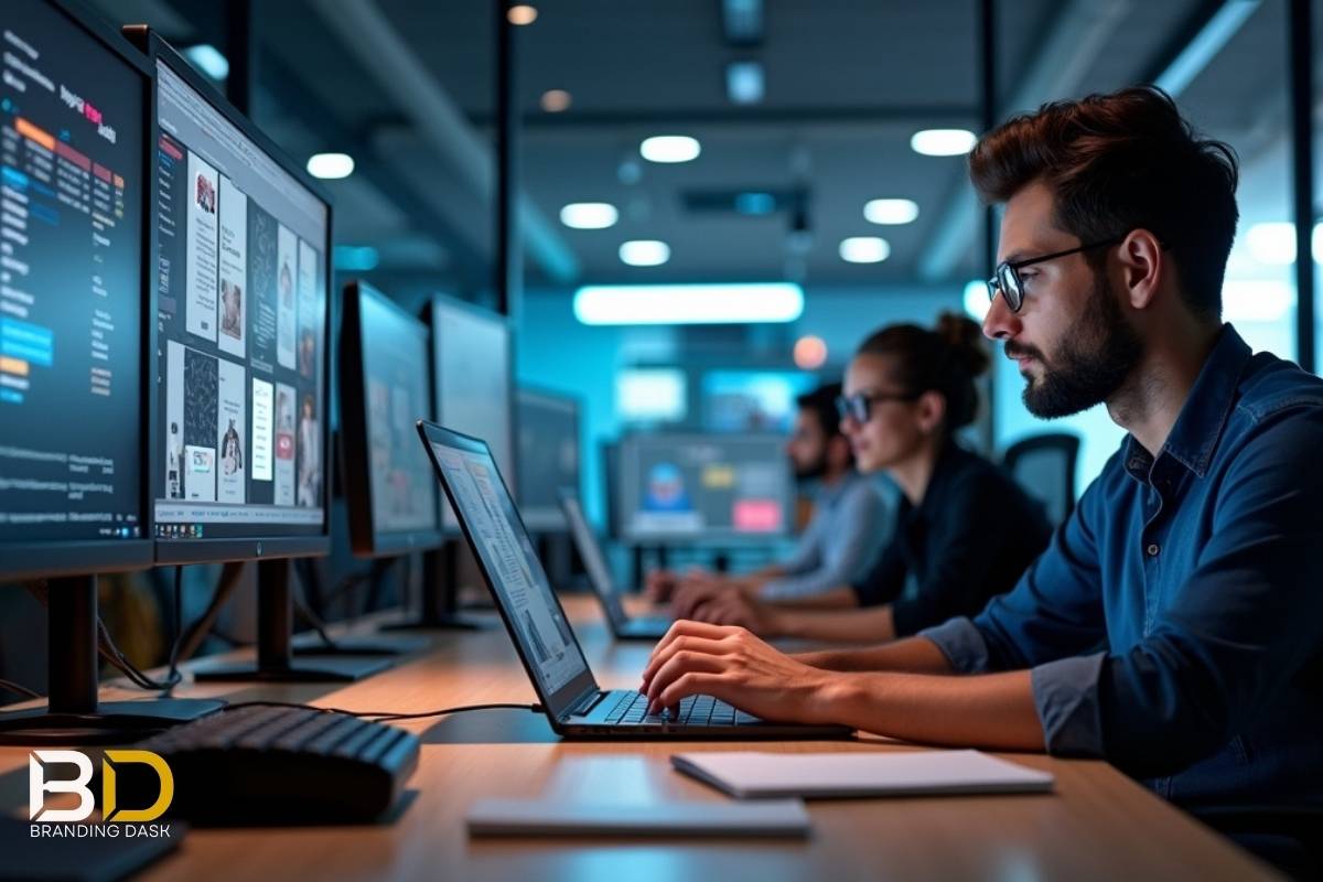 Web developers designing websites in a modern Bangladesh office.