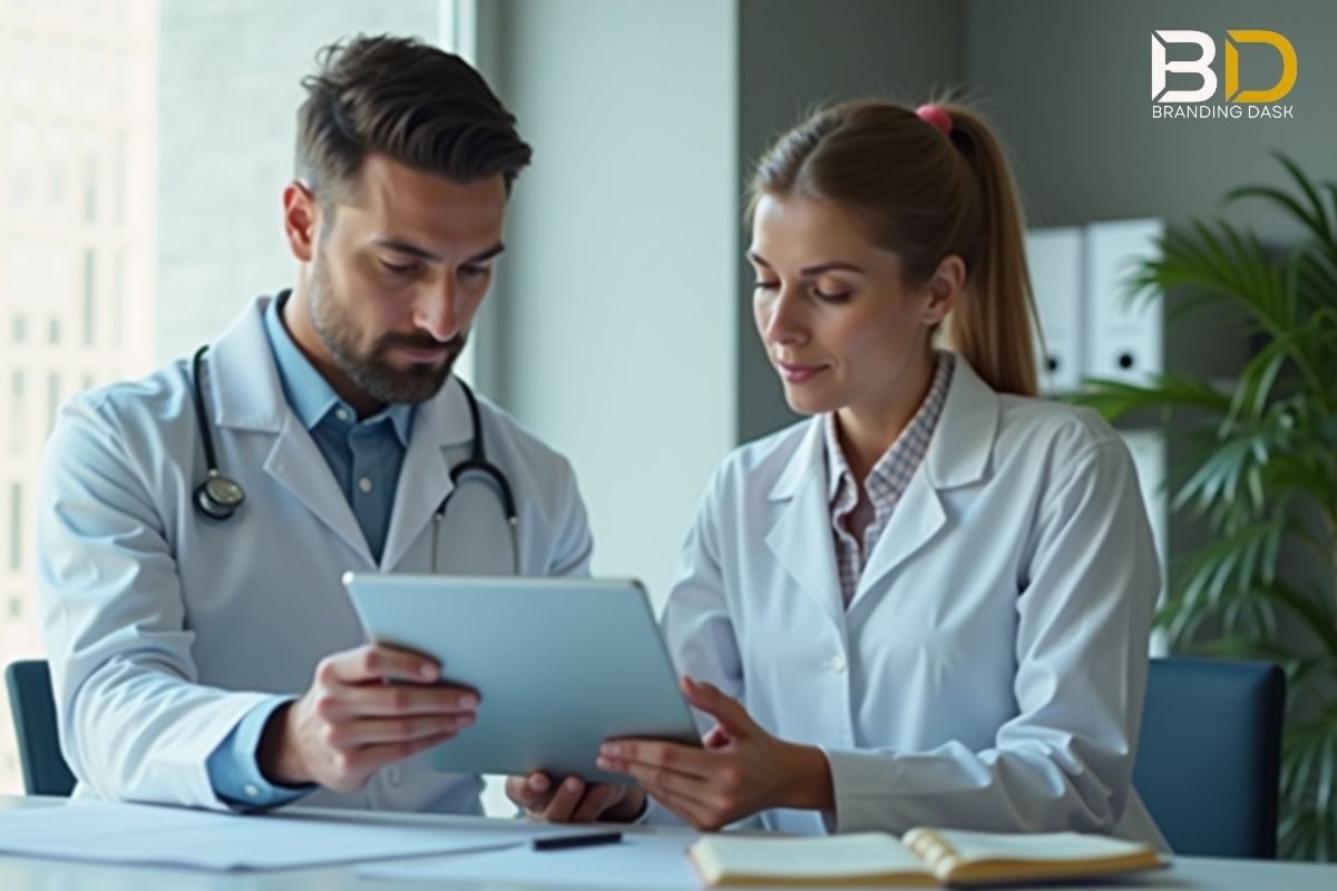 Consultant reviewing professional business website on tablet