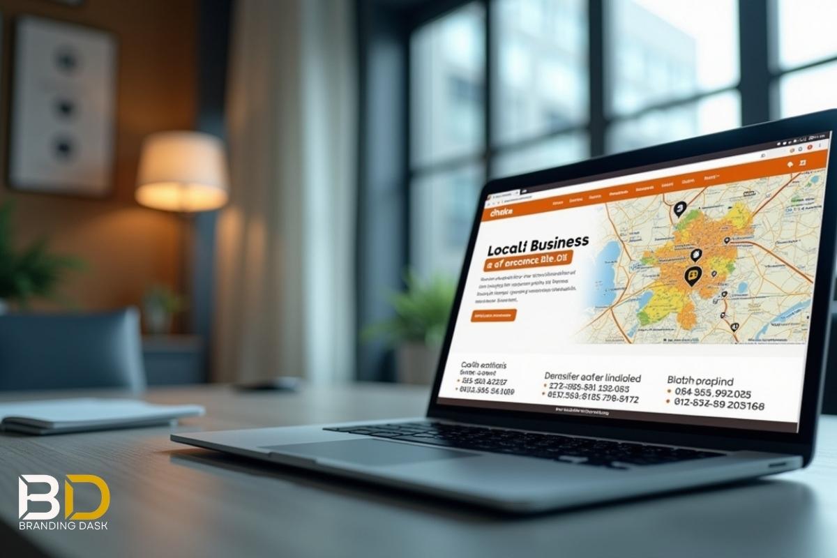 Local business info displayed on a laptop at modern office desk.