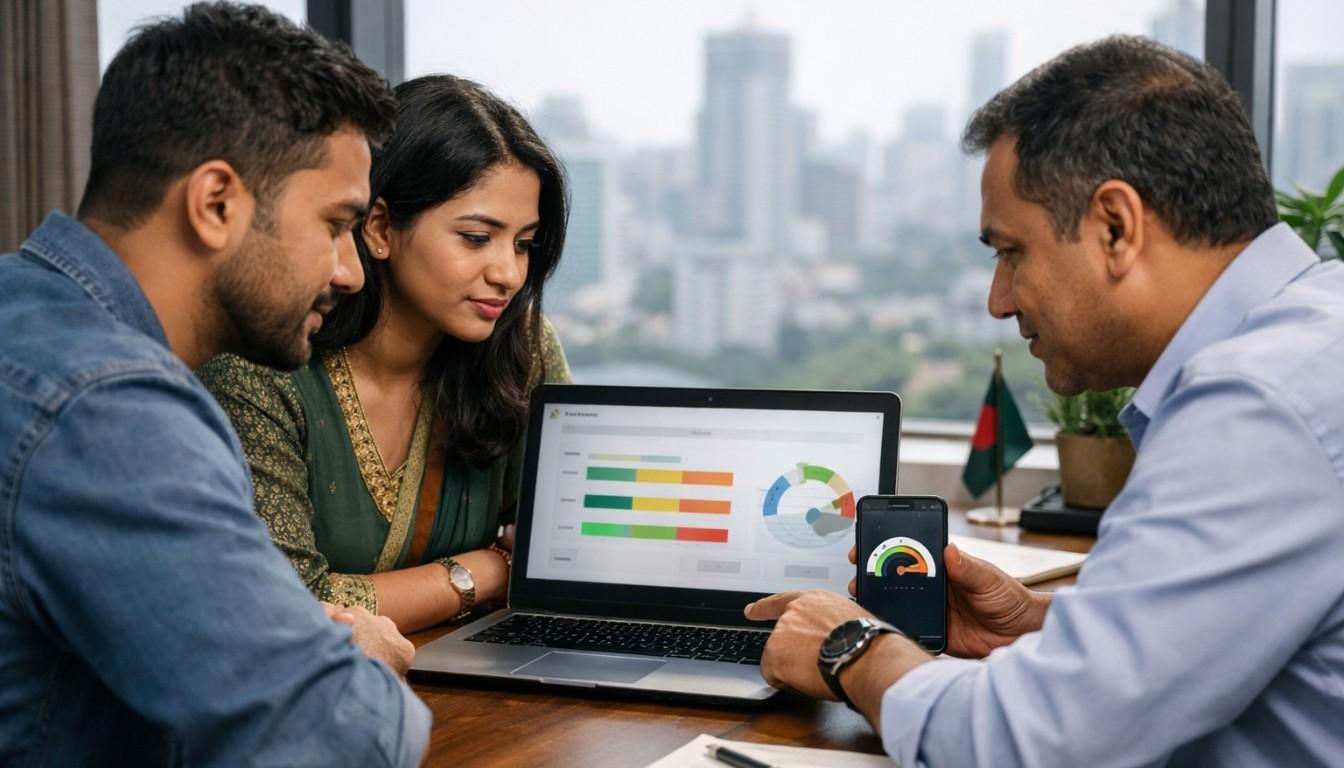 Bangladeshi team reviewing Core Web Vitals and page speed on a laptop