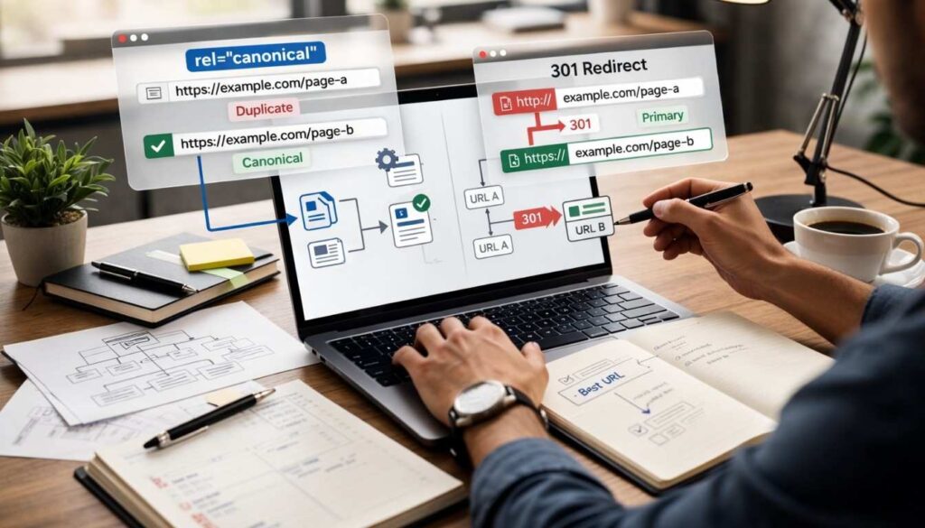 SEO comparison table showing canonical tag vs 301 redirect