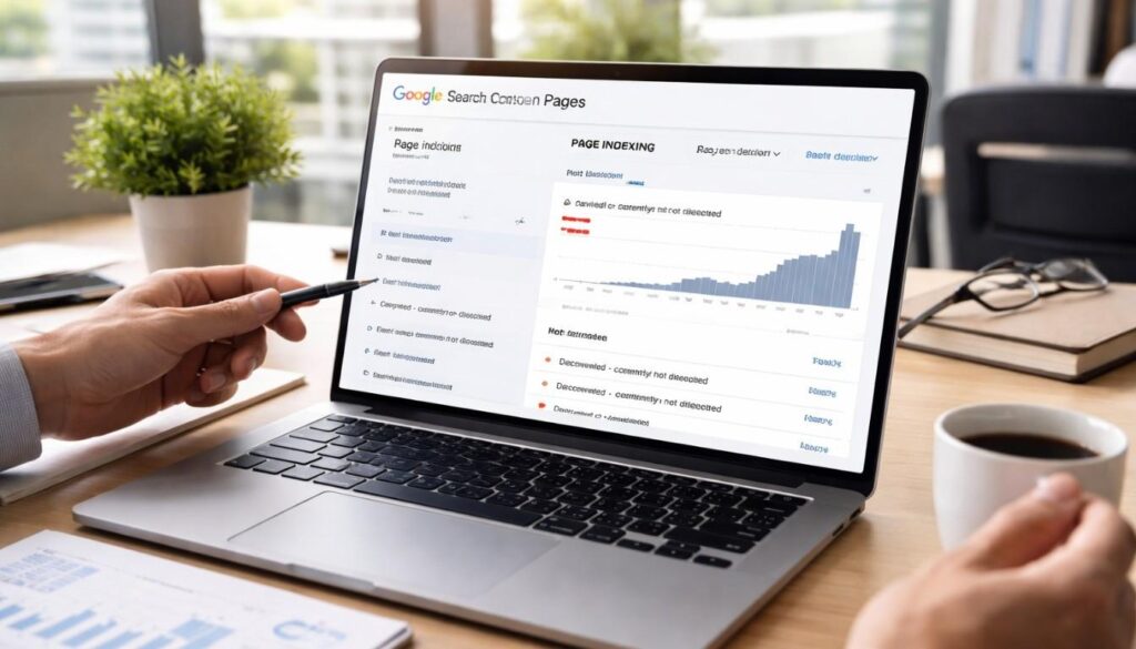 Professional workspace showing Google Search Console page indexing report on a laptop