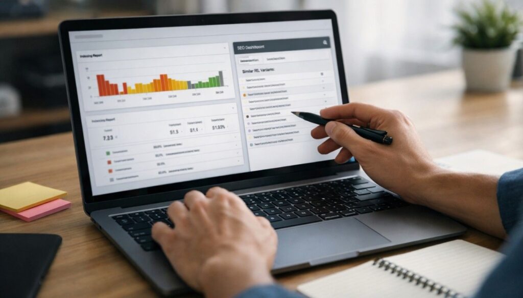 SEO expert reviewing duplicate URLs in Google Search Console dashboard