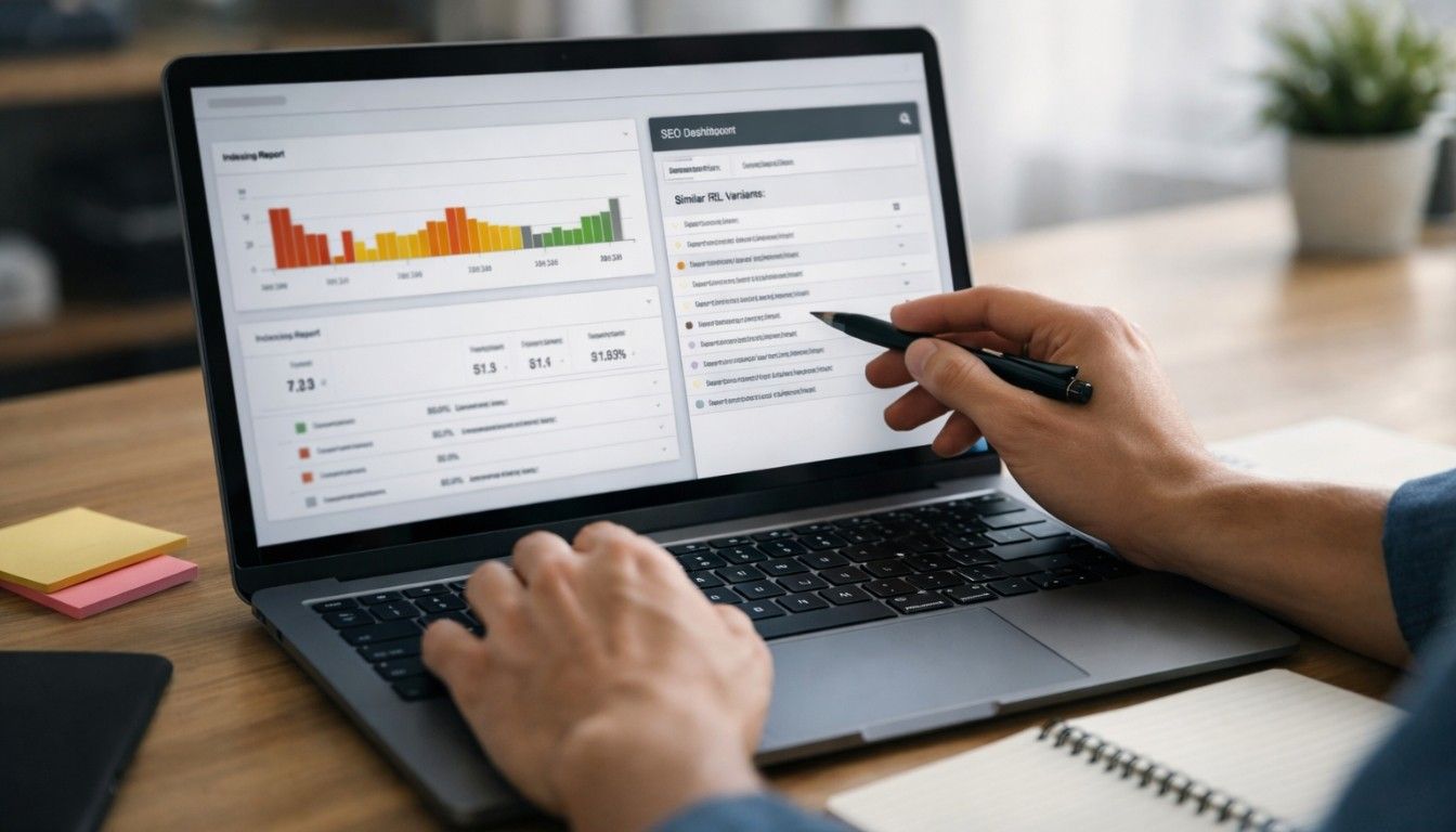 SEO expert reviewing duplicate URLs in Google Search Console dashboard