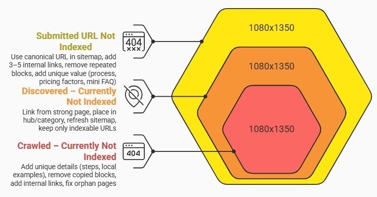 GSC “Not Indexed” infographic with fixes for three statuses