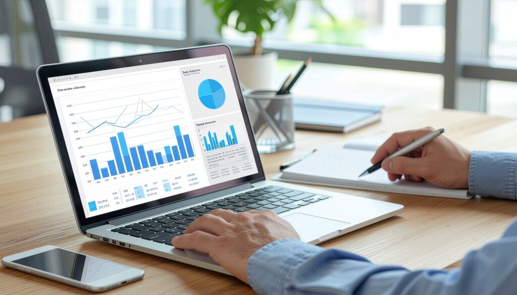Website traffic drop analysis on laptop dashboard (GSC/GA4)