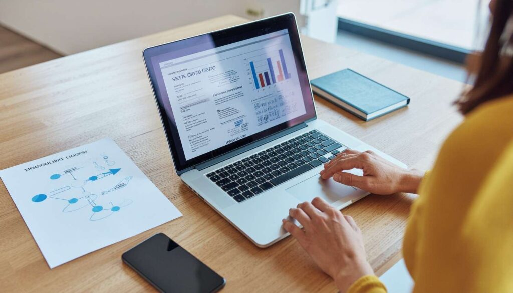 SEO audit dashboard and internal link map on desk