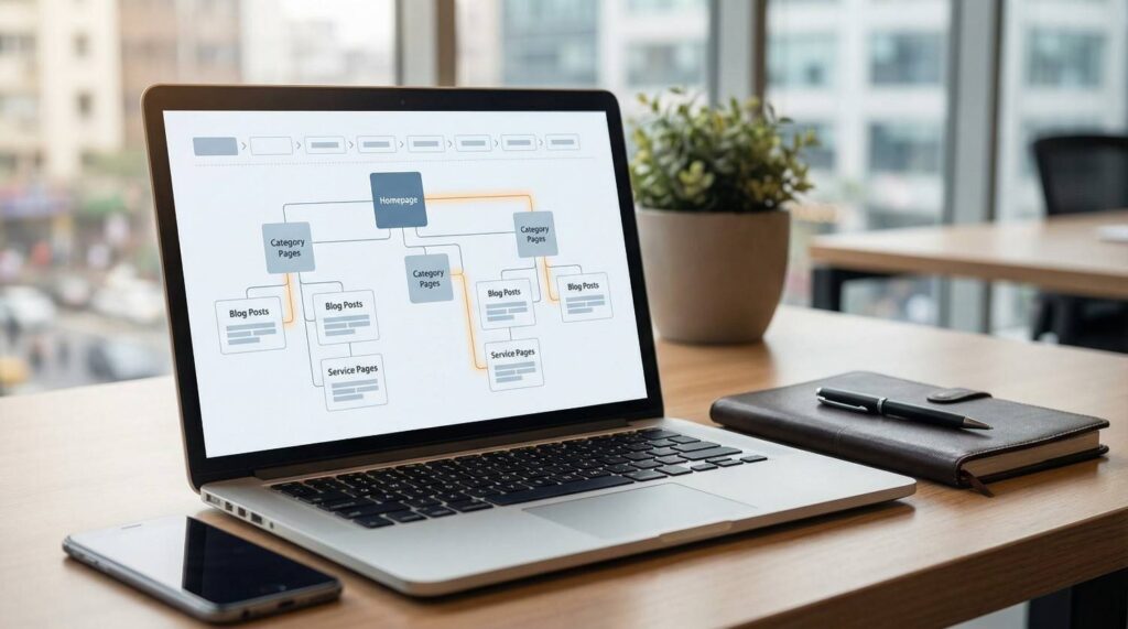 Internal linking site structure diagram on laptop