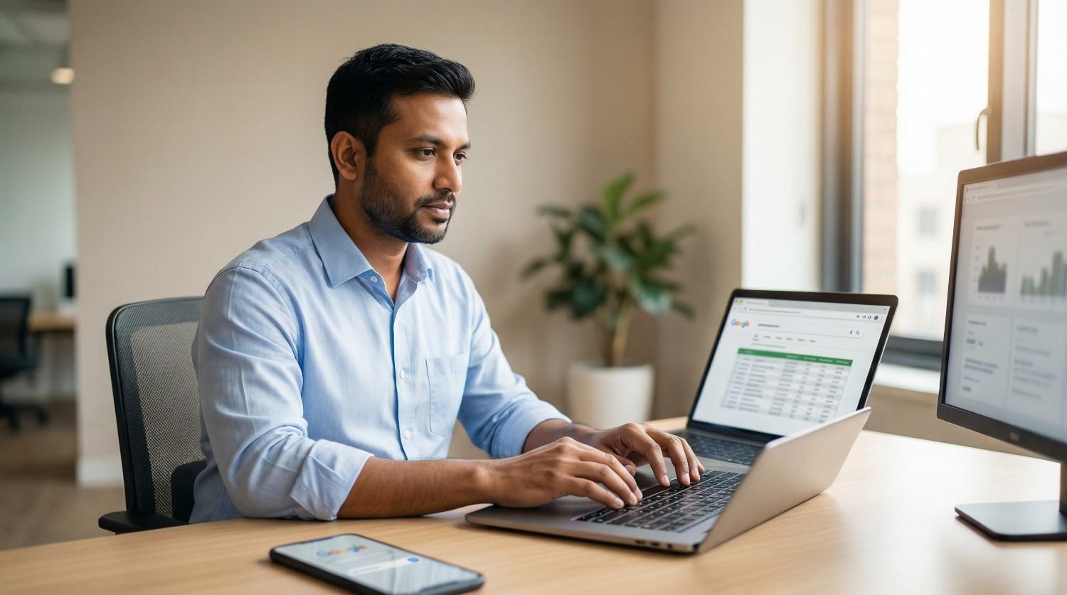 Bangladeshi marketer doing bilingual keyword research on laptop