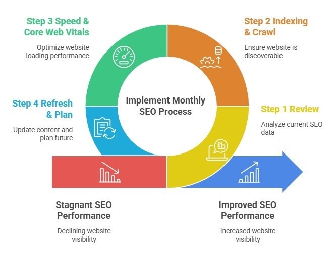 Infographic showing 4-step monthly SEO process workflow