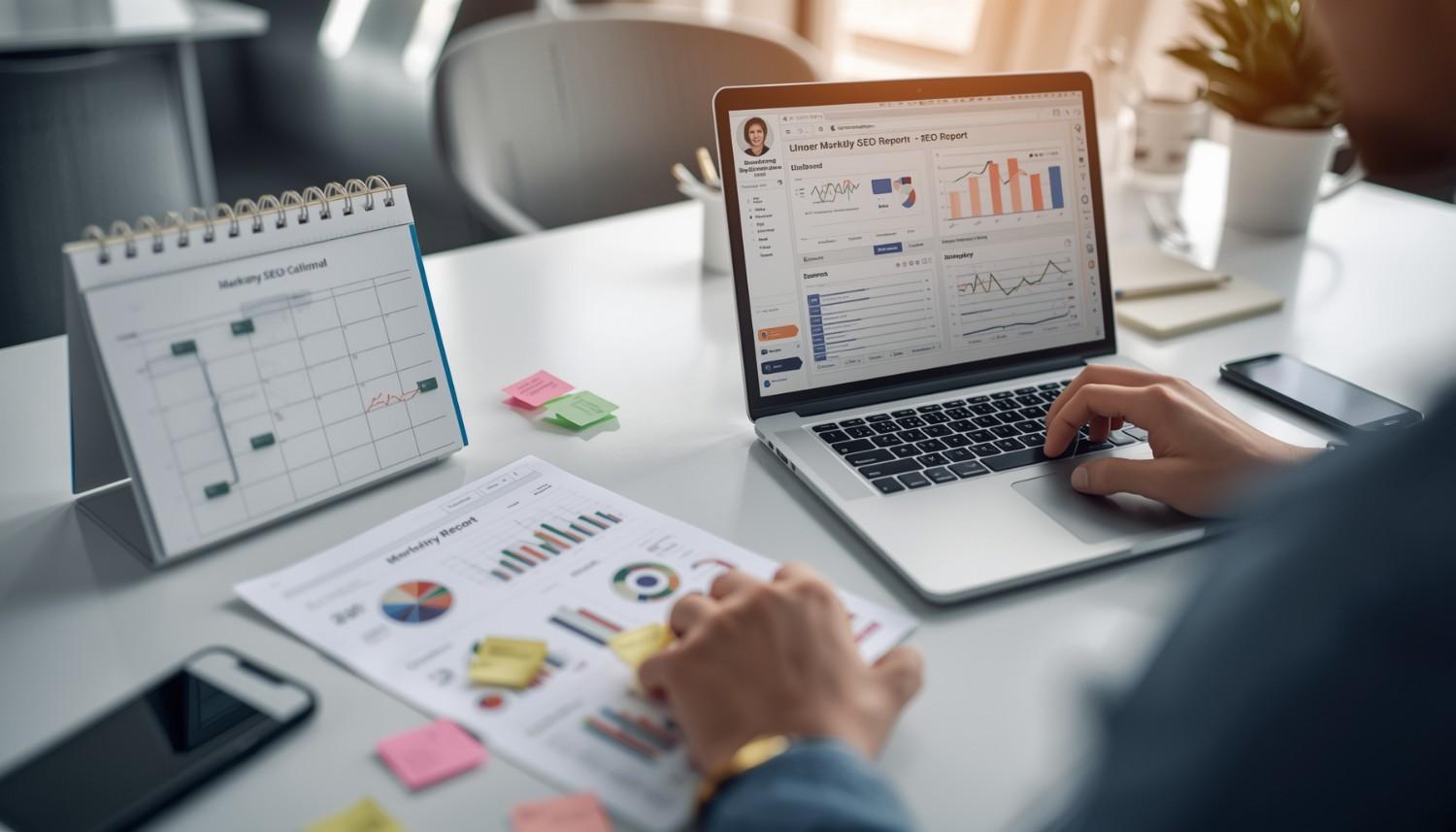 Marketer preparing a monthly SEO report plan