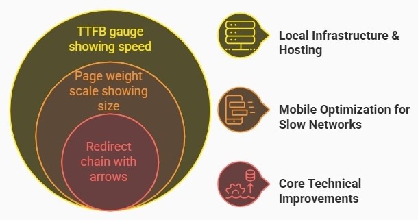 Infographic showing Bangladesh page speed tips for mobile, hosting, and caching