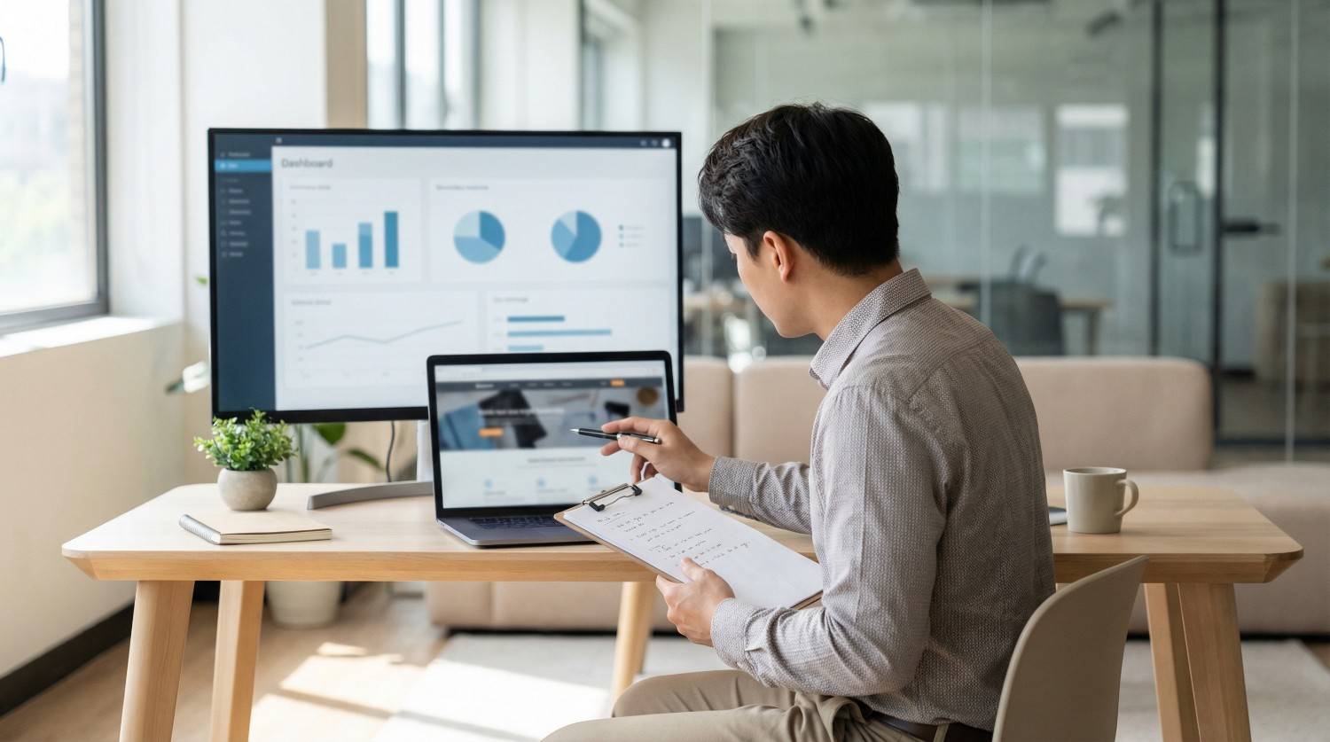 Marketer checking SEO audit metrics on a laptop