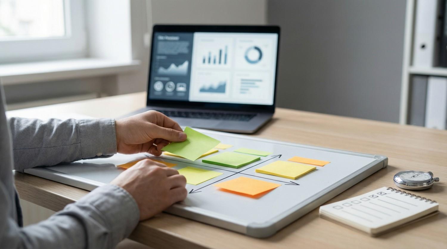 Marketer planning SEO fixes with an impact effort matrix