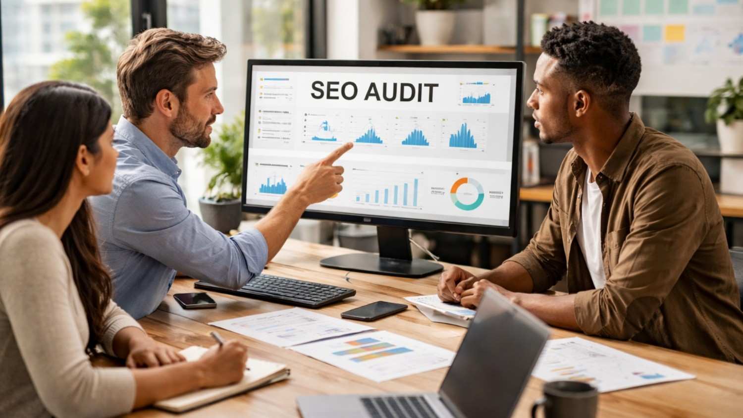 SEO experts reviewing website audit data on a monitor