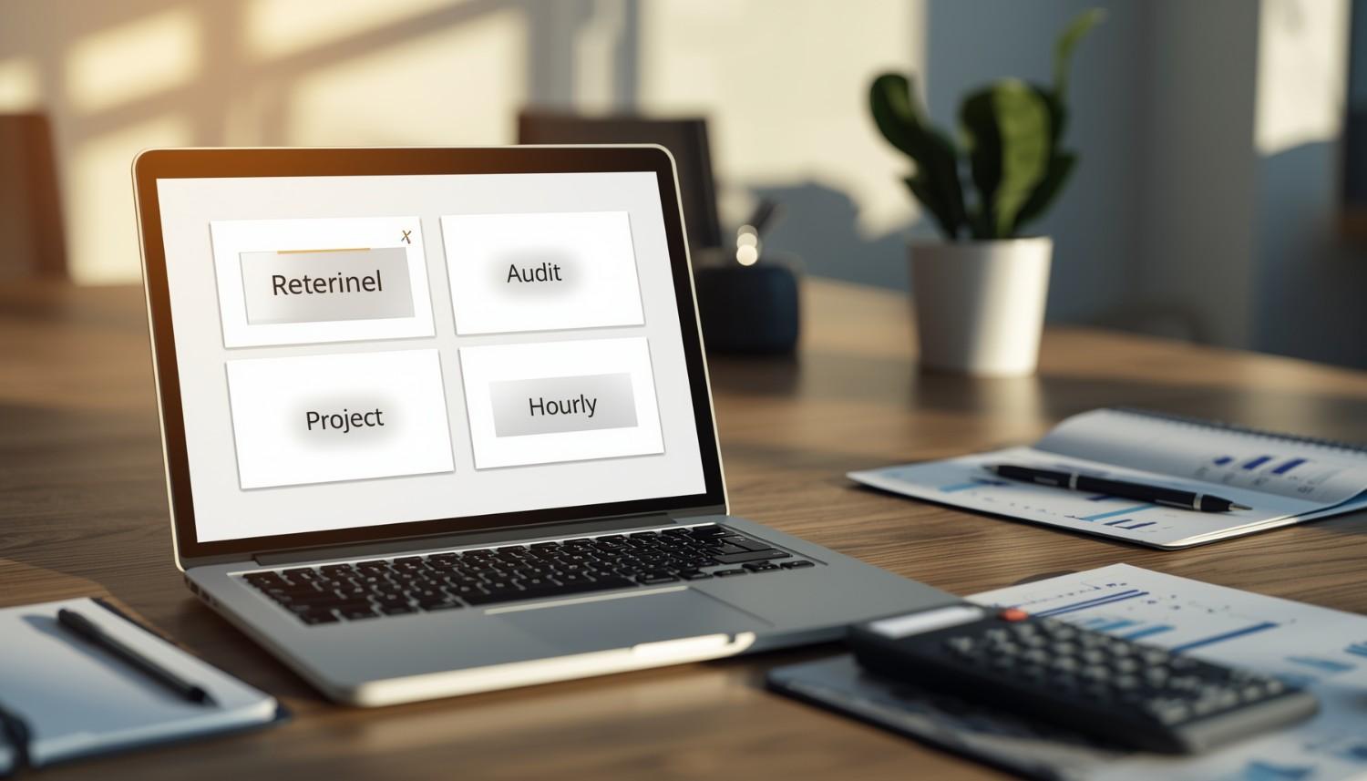 SEO pricing model comparison on a laptop desk