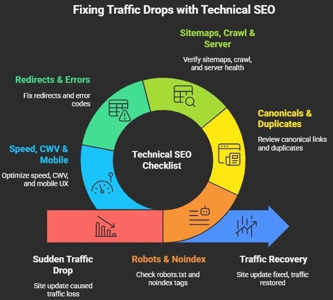 Technical SEO checklist infographic for robots, indexing, and speed
