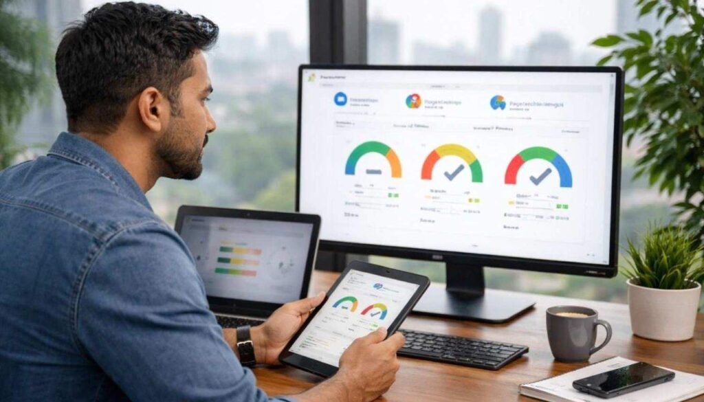 Marketer testing website speed on desktop and tablet using PSI and Lighthouse