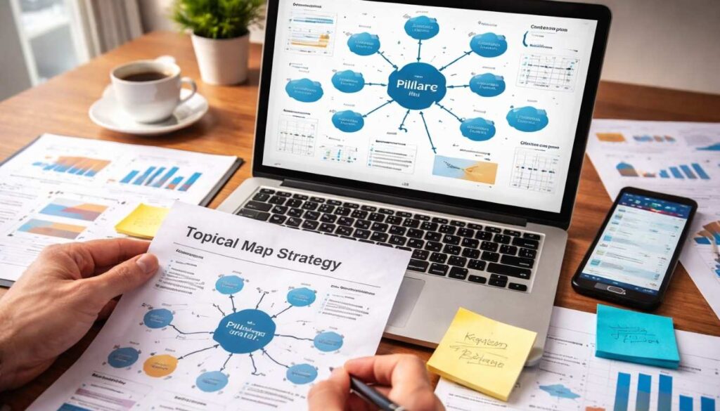 Realistic workspace showing a topical map plan for SEO in Bangladesh