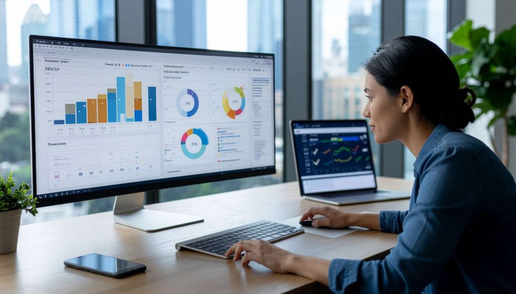 Marketer reviewing a website speed audit dashboard and checklist.