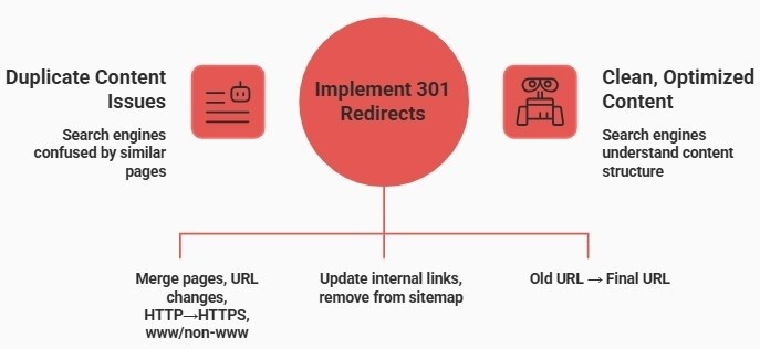 Infographic showing when to use 301 redirects and redirect hygiene steps