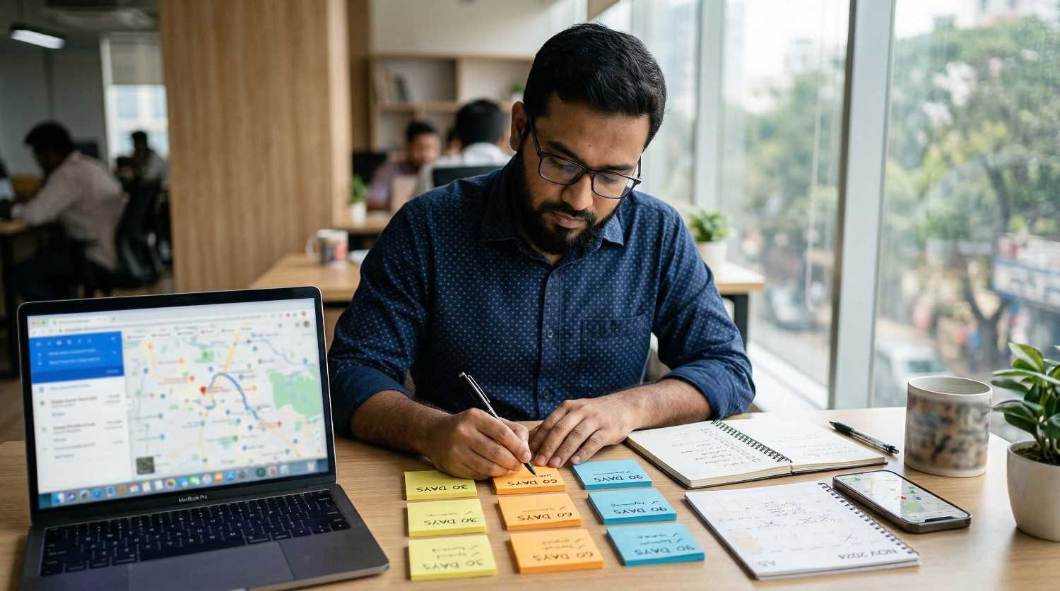 30/60/90-day Google Maps ranking plan checklist on desk