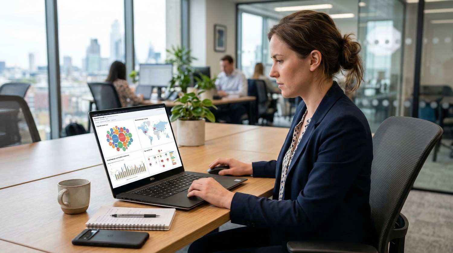 SEO expert reviewing keyword mistakes on a laptop