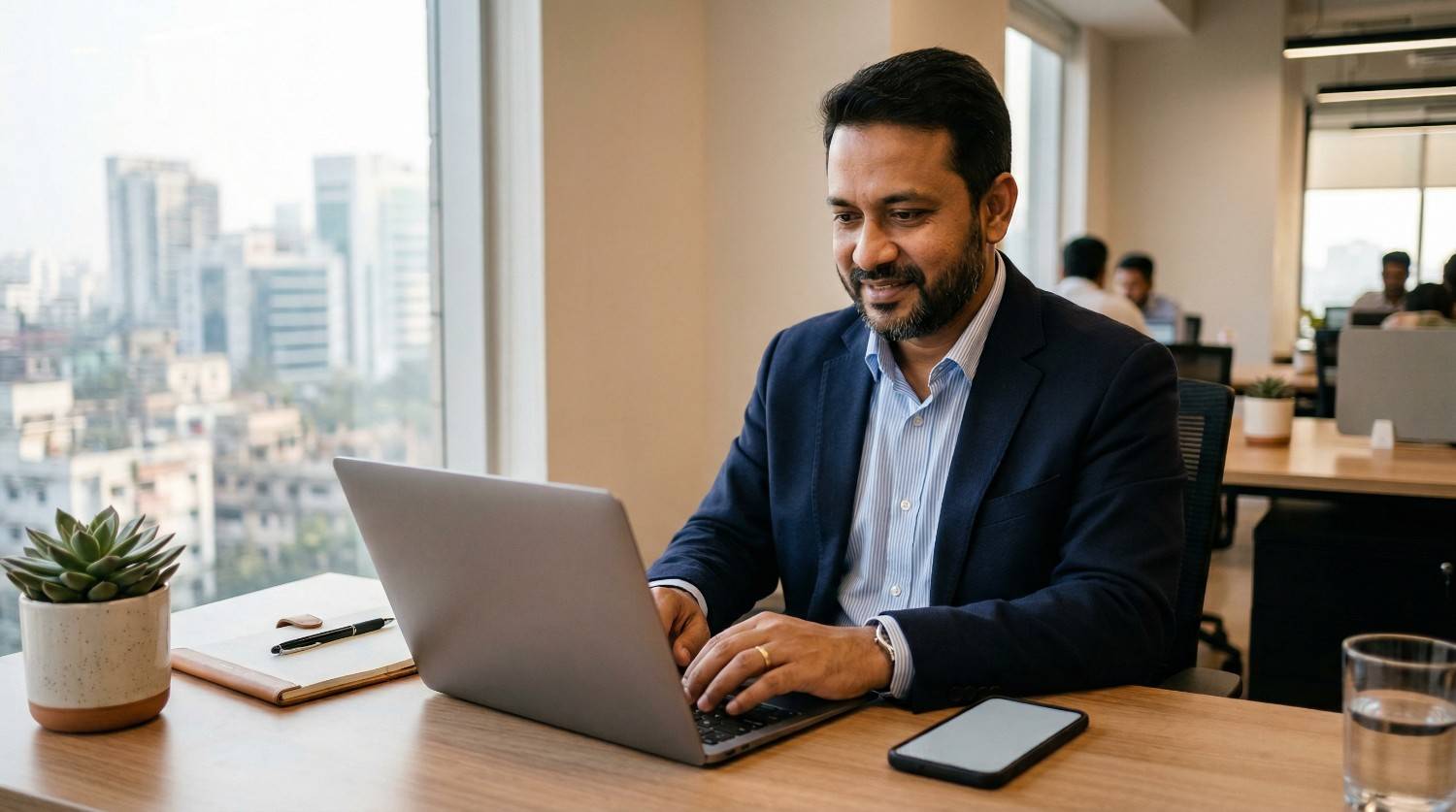Bangladeshi business owner optimizing a Google Business Profile on laptop