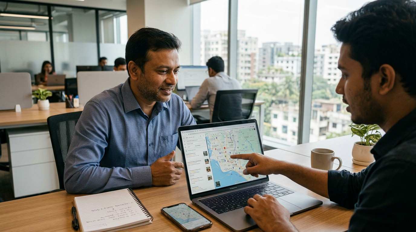 Bangladeshi business owner checking Google Maps rankings on laptop