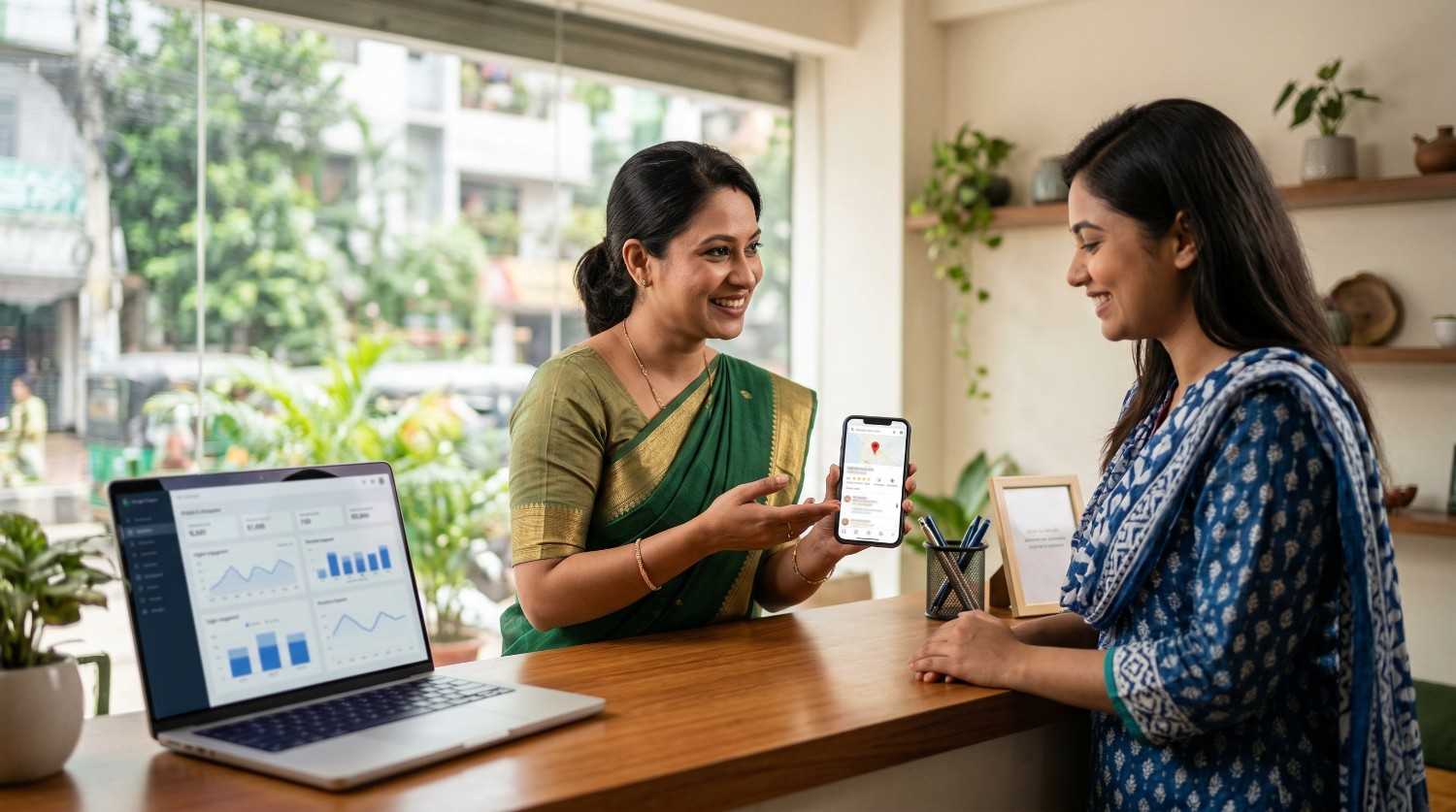 Business owner showing Google Maps listing and reviews to a customer