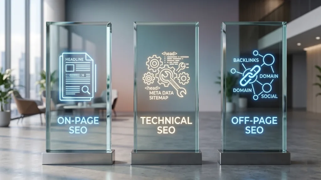 Three main pillars of SEO: on-page, technical, and off-page SEO