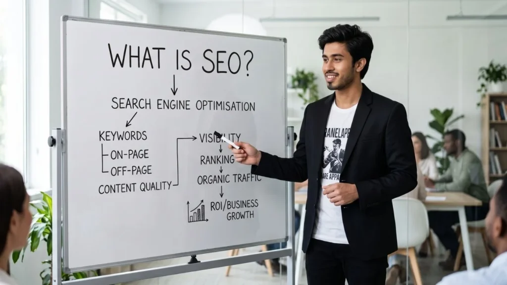 What Is SEO — an SEO expert explaining search engine optimization on a whiteboard