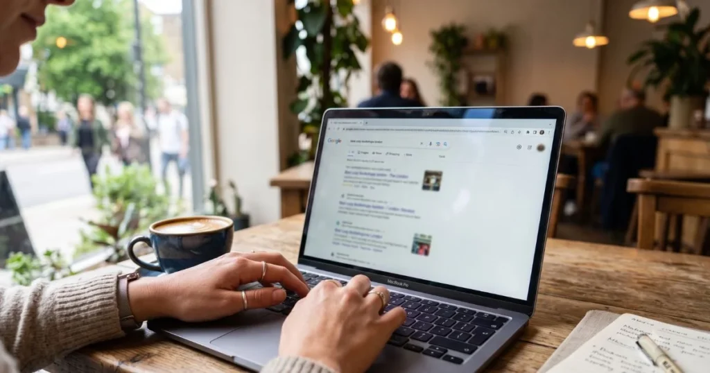 Person searching Google organically on a laptop to find results