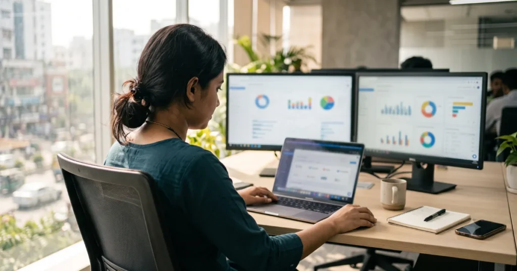 Marketing professional comparing SEO vs SEM data on dual monitors