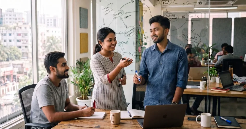 Marketing team planning a combined SEO and SEM strategy on a whiteboard