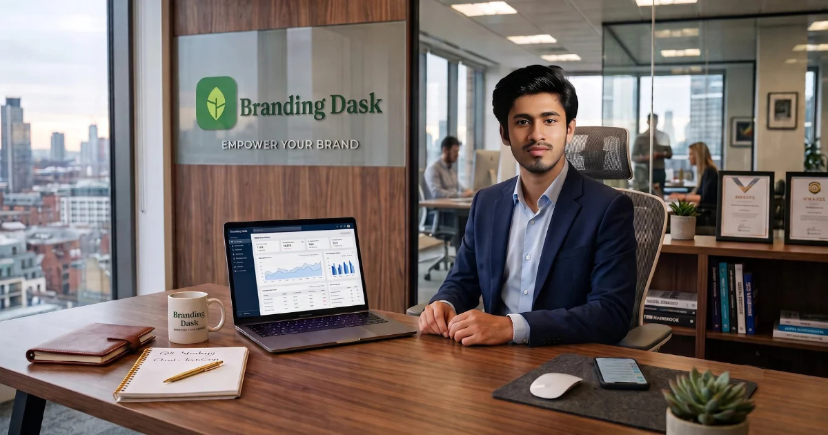 Our digital marketing agency owner at an office desk in a modern workspace.