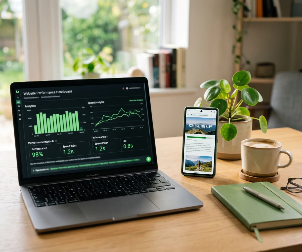 Website speed dashboard on a laptop during a technical SEO service check