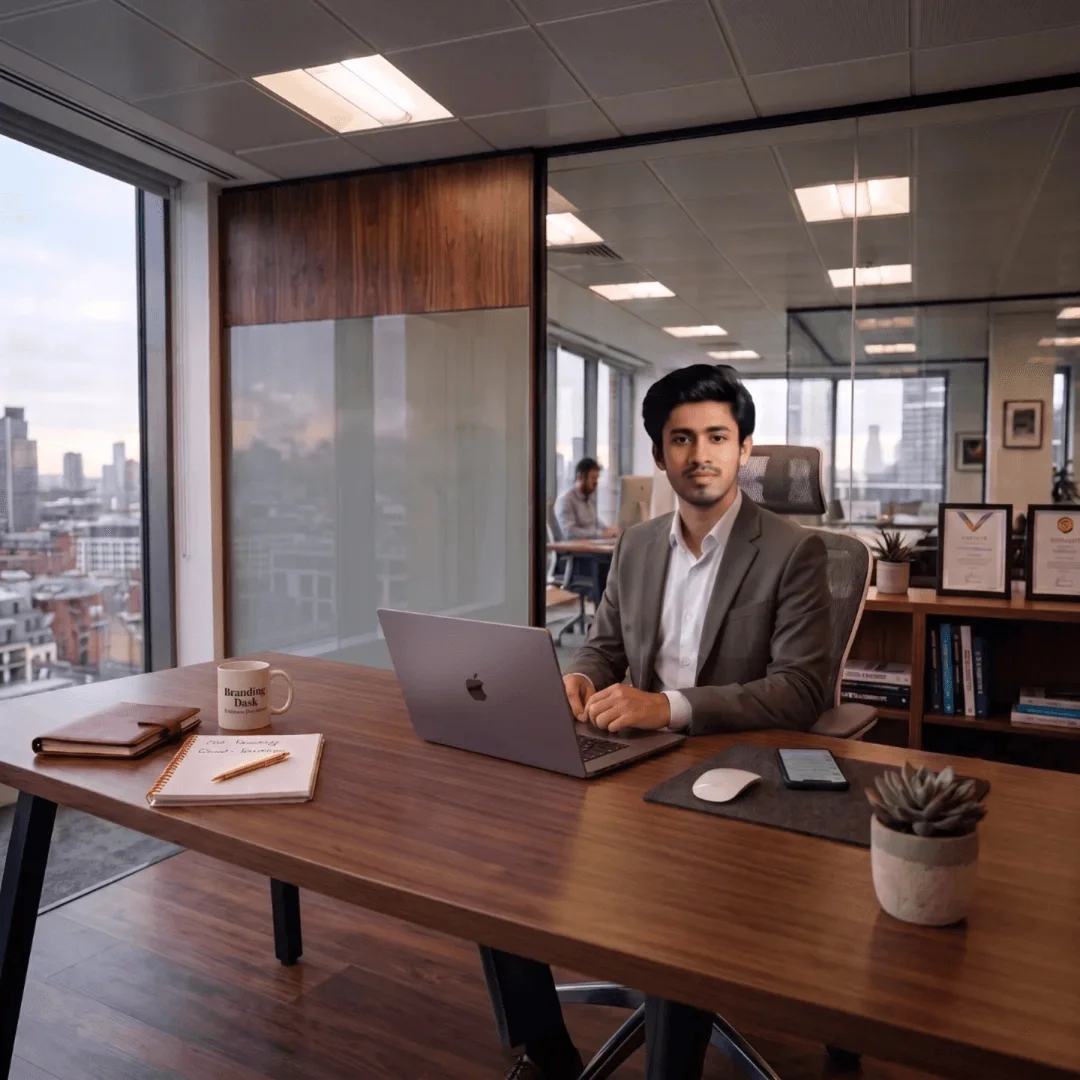 Our agency owner Azmirul Imran at his office desk in a modern workspace.