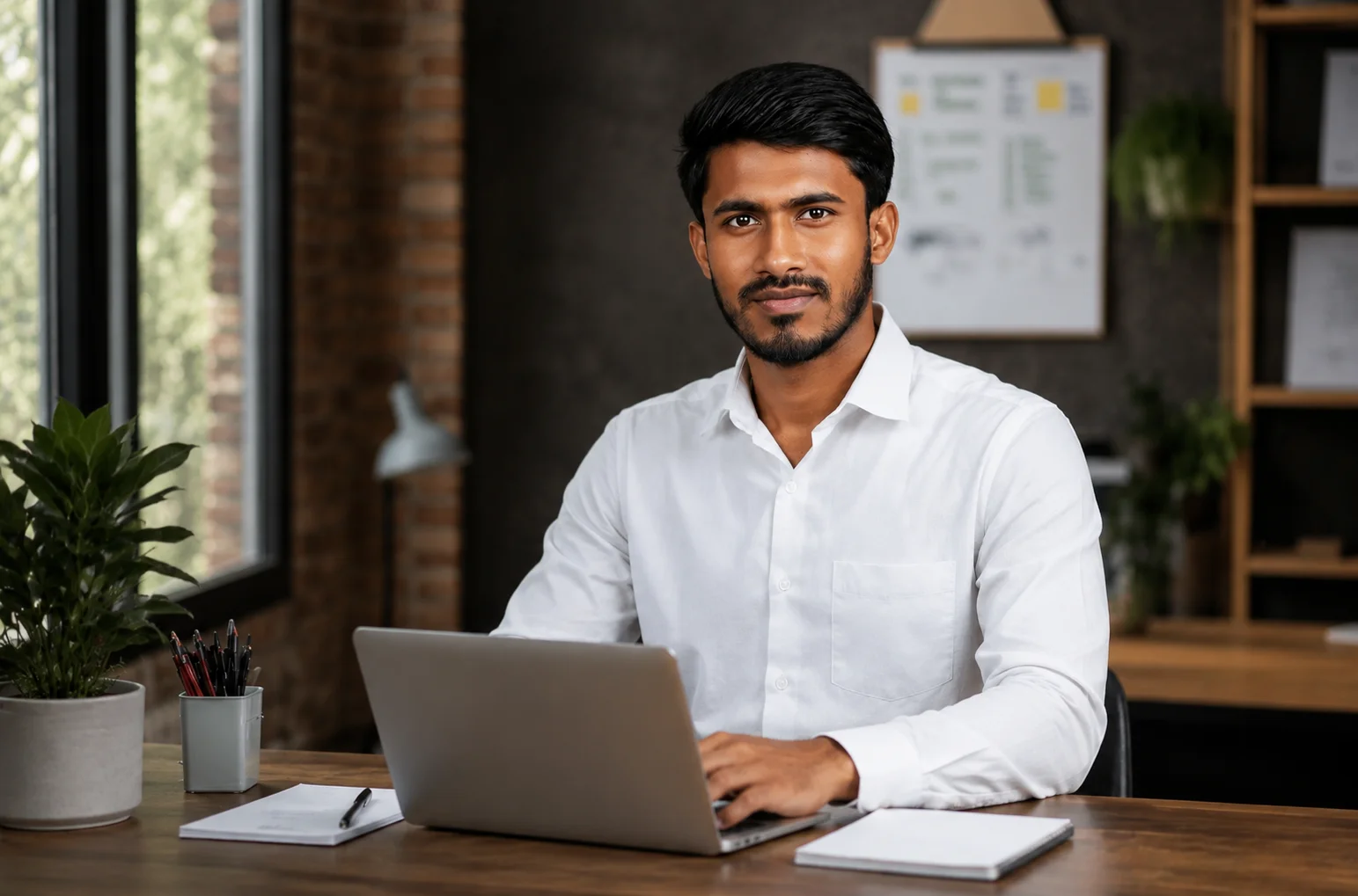 CEO working at a desk with a laptop in the office