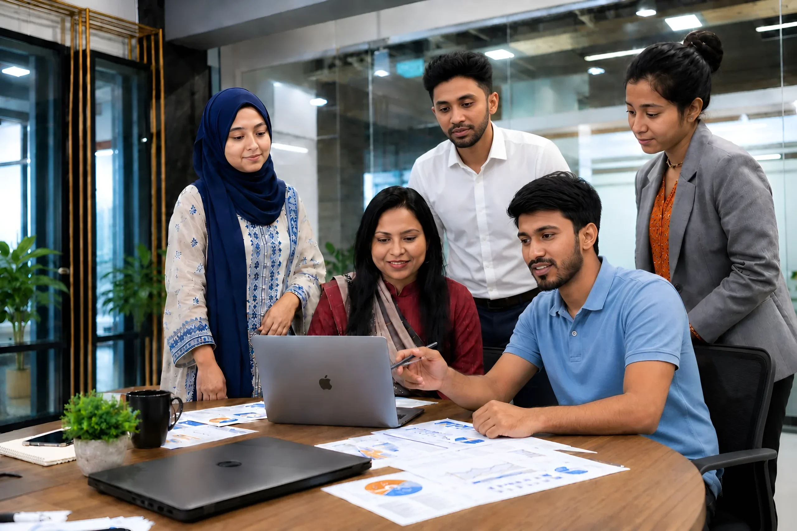 Team members discussing search engine optimization strategy for business growth