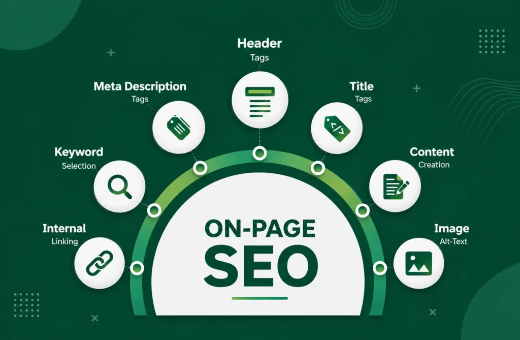 On-page SEO checklist featuring keyword research, title tags, headers, meta descriptions, internal linking, image alt text, and content optimization